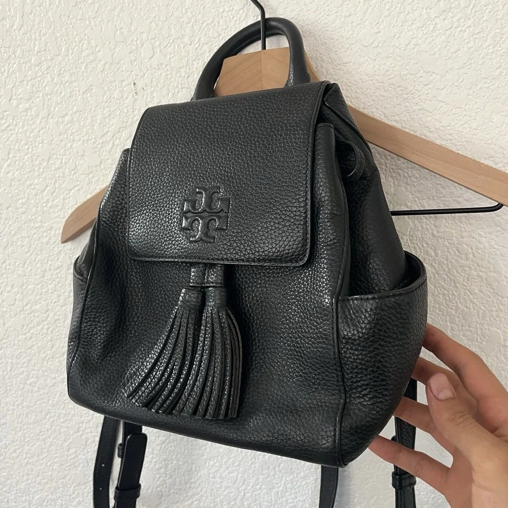 Tory Burch McGraw Black Pebbled Leather Backpack Tassel Double T Logo Stains